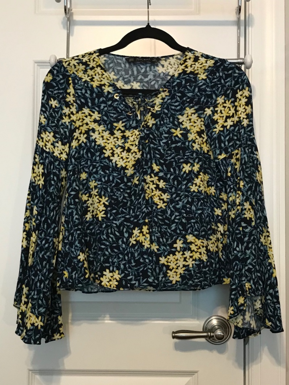 Zara Basic blue long sleeve blouse with front tie & yellow floral design (XS)
